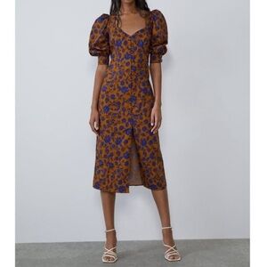 Zara Mustard and Purple Floral Midi Dress